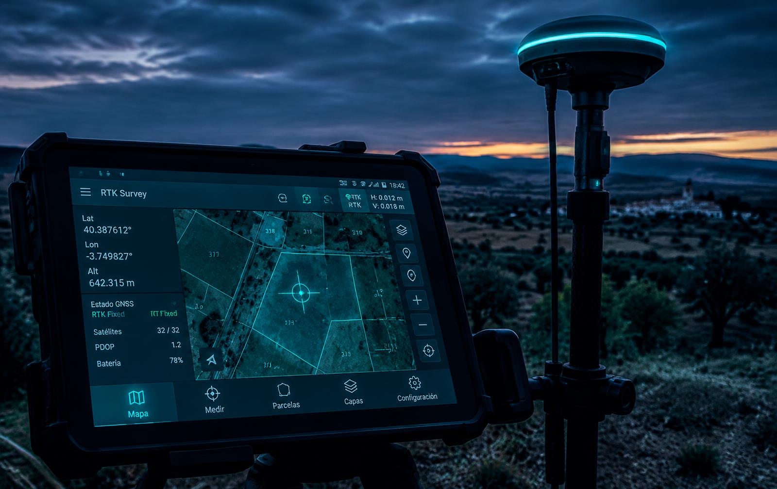 Tablet con GTOP mostrando parcelas catastrales junto a una antena GNSS